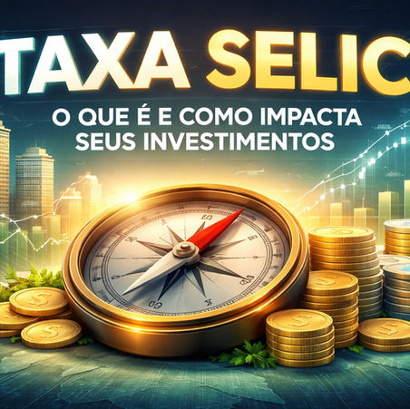 Ilustração da Taxa Selic como uma bússola financeira, com moedas, gráficos de crescimento e cenário urbano, representando o impacto dos juros nos investimentos no Brasil.