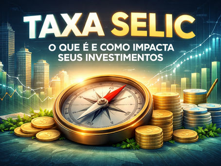 Ilustração da Taxa Selic como uma bússola financeira, com moedas, gráficos de crescimento e cenário urbano, representando o impacto dos juros nos investimentos no Brasil.
