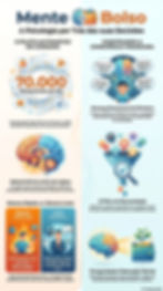 Infográfico Mente vs Bolso sobre psicologia financeira, com cérebro, carteira e textos sobre consumo e prosperidade.