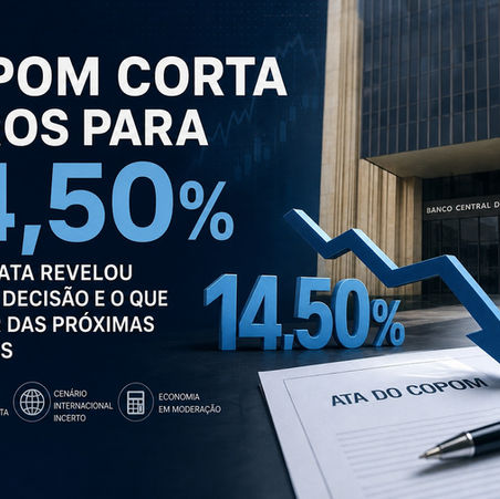 Ilustração do Banco Central com destaque para a Selic em 14,50% e seta de queda, representando o corte de juros decidido pelo Copom e o tom cauteloso da ata.