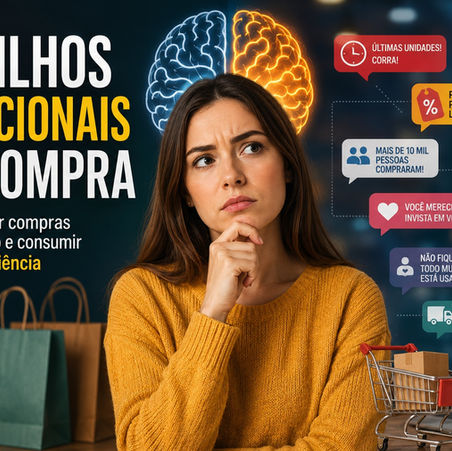 Mulher refletindo sobre compras enquanto elementos visuais representam gatilhos emocionais de consumo, como urgência, promoções, prova social e medo de ficar de fora.