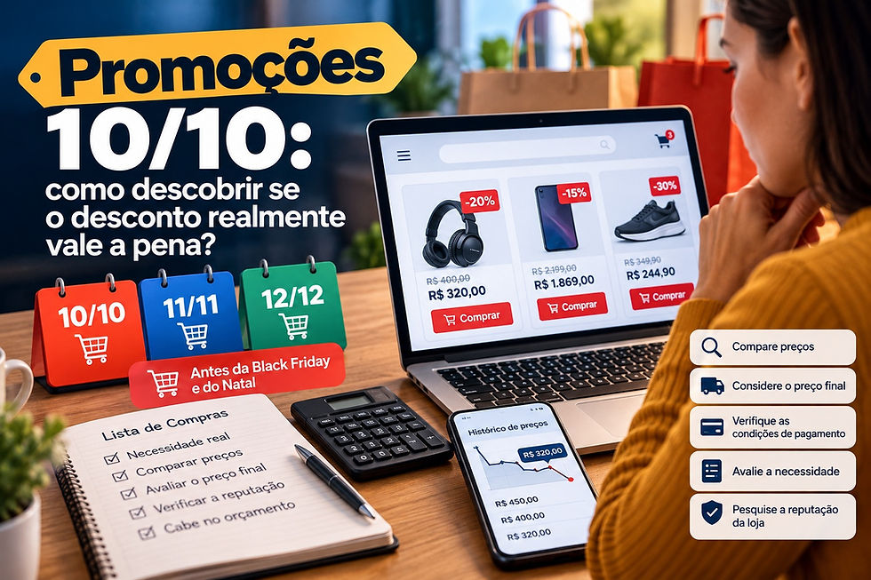 Consumidor comparando preços e descontos em compras online durante as promoções 10/10.