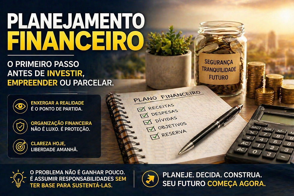 Ilustração de planejamento financeiro com caderno de controle, checklist de receitas e despesas, moedas e calculadora, representando organização financeira antes de investir 