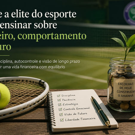 Raquete e bola de tênis sobre mesa ao lado de moedas, caderno de planejamento financeiro e pequena planta, simbolizando disciplina, educação financeira e visão de longo prazo.