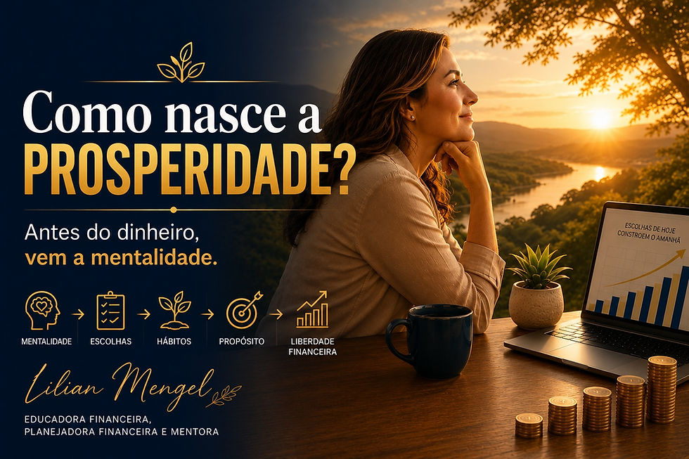 Mulher contemplando uma paisagem ao pôr do sol, com notebook exibindo gráfico de crescimento, xícara de café e moedas sobre a mesa, representando mentalidade e prosperidade financeira.