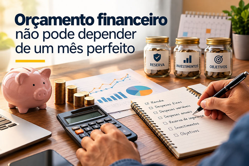 Pessoa planejando orçamento financeiro com renda variável, despesas mensais e reserva de segurança.