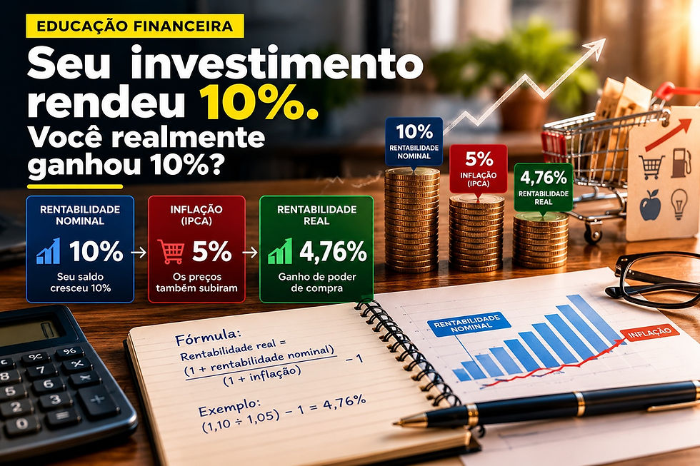 Investidor analisando o rendimento de uma aplicação financeira e a inflação para calcular a rentabilidade real.