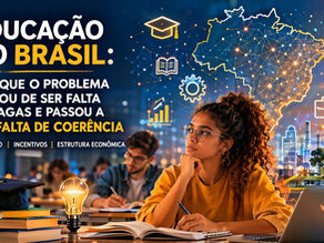 Estudante em sala de aula analisando estudos enquanto elementos gráficos mostram a conexão entre educação, mercado de trabalho e desenvolvimento econômico no Brasil.