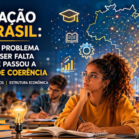 Estudante em sala de aula analisando estudos enquanto elementos gráficos mostram a conexão entre educação, mercado de trabalho e desenvolvimento econômico no Brasil.