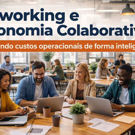 Espaço de coworking com profissionais trabalhando em conjunto e compartilhando estrutura para reduzir custos operacionais na economia colaborativa.