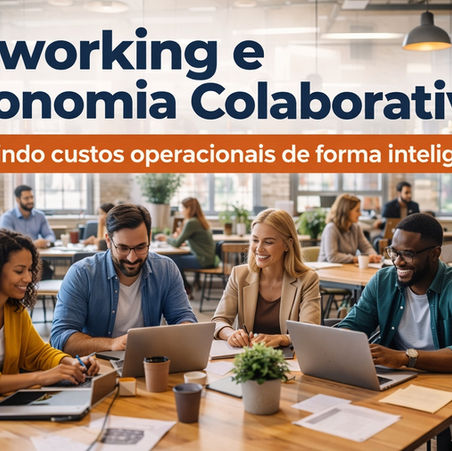 Espaço de coworking com profissionais trabalhando em conjunto e compartilhando estrutura para reduzir custos operacionais na economia colaborativa.