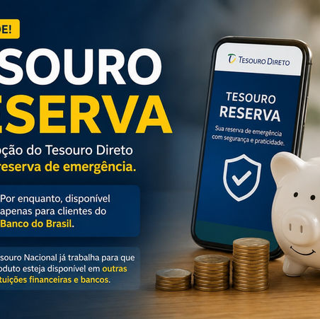 Imagem ilustrativa sobre o Tesouro Reserva mostrando smartphone com aplicativo do Tesouro Direto, cofrinho em formato de porco e moedas empilhadas, destacando a nova opção voltada para reserva de emergência disponível inicialmente para clientes do Banco do Brasil.