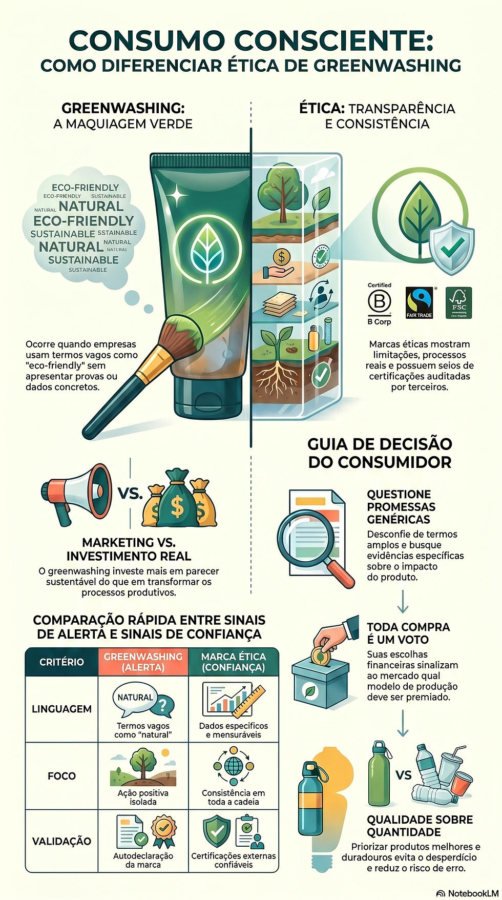 Infográfico sobre consumo consciente e greenwashing. Compara práticas, mostra decisões de compra, dicas para identificar sustentabilidade real.