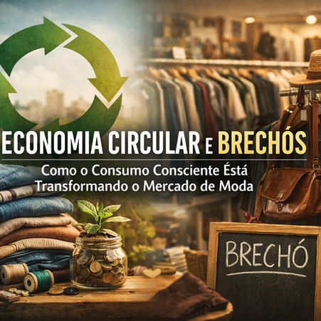 Ilustração de economia circular aplicada à moda, com roupas reutilizadas, símbolo de reciclagem e ambiente de brechó, representando consumo consciente e sustentável.