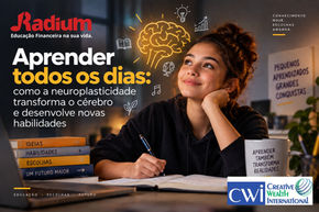 Adolescente estudando com livros e caderno enquanto ilustrações representam neuroplasticidade, aprendizagem e desenvolvimento de novas habilidades.