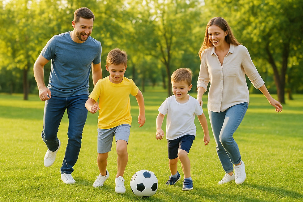 Pais brincando de futebol com filhos, representando o desafio entre educar para a diversão ou para o conhecimento no Brasil