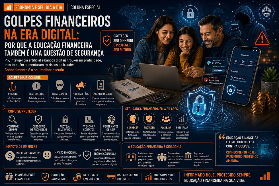 Família brasileira utilizando notebook e smartphone para organizar o planejamento financeiro, com interface bancária protegida por cadeado digital, gráficos financeiros e elementos de segurança cibernética ao fundo, simbolizando a prevenção de golpes financeiros por meio da educação financeira e da cidadania digital.