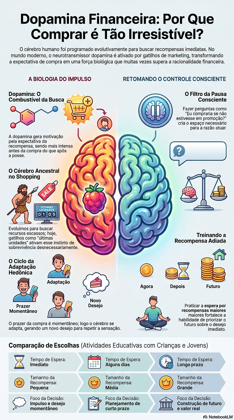Infográfico sobre dopamina financeira, com cérebro colorido, ícones de compra e textos sobre impulso, pausa consciente e recompensa adiada