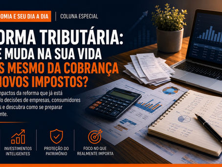 Pessoa analisando documentos tributários, relatórios financeiros e orçamento doméstico em uma mesa de trabalho com notebook, calculadora e gráficos, representando o planejamento financeiro diante da transição da reforma tributária brasileira.