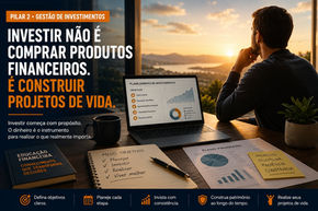 Pessoa analisando um planejamento financeiro enquanto define objetivos de investimento, simbolizando a construção de patrimônio e a realização de projetos de vida.