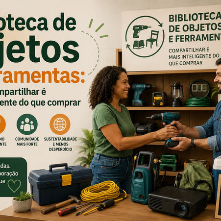 Imagem ilustrativa de uma biblioteca de objetos e ferramentas, onde equipamentos de uso ocasional são compartilhados pela comunidade. O conceito promove economia solidária, economia colaborativa, consumo consciente, sustentabilidade e melhor aproveitamento dos recursos existentes.