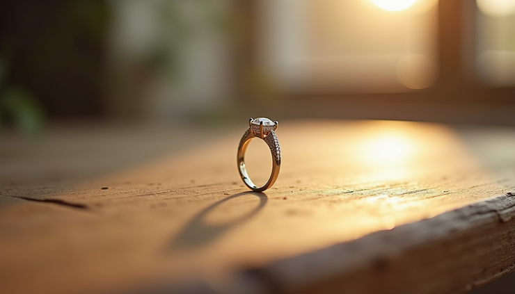 Close-up view of an elegant engagement ring on a wooden table