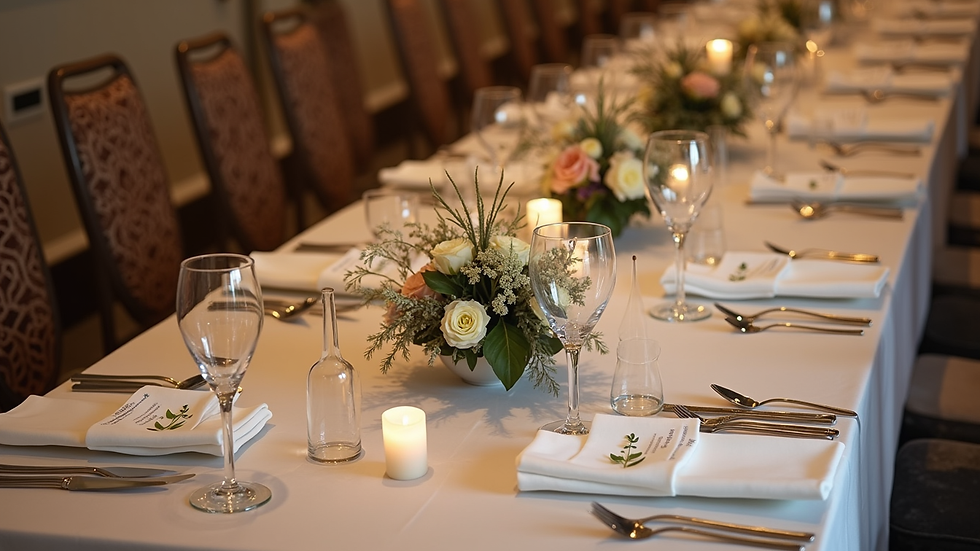 High angle view of a wedding reception table set with elegant place settings and floral centerpieces