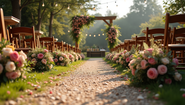 Eye-level view of a rustic wedding venue decorated with flowers and lights
