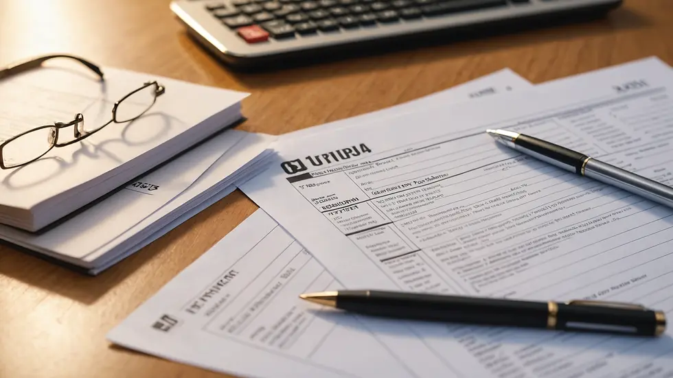 Close-up view of paperwork and tax forms