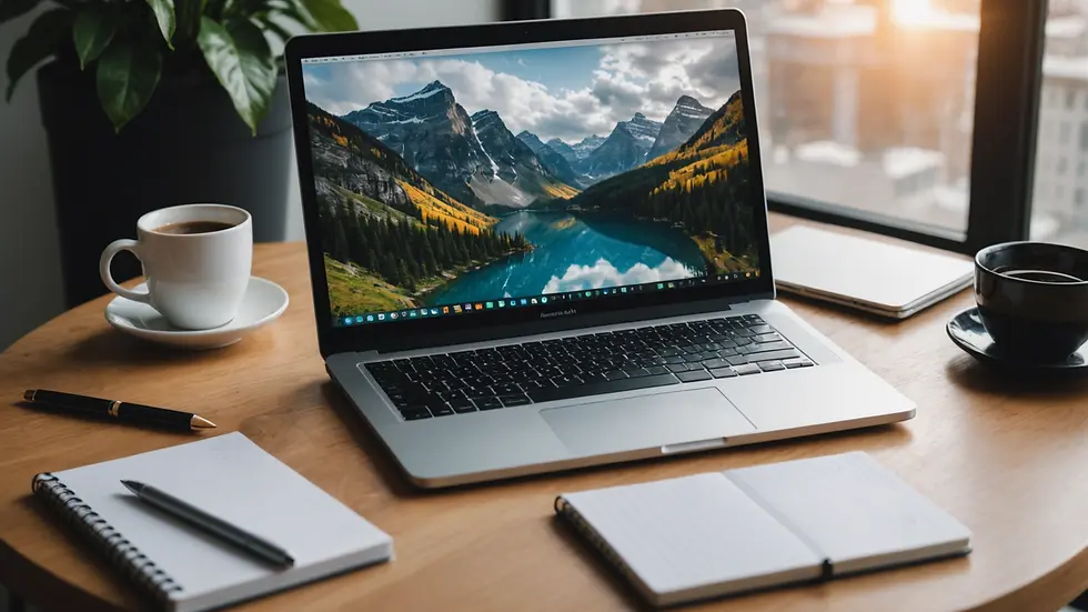 Close-up of a serene workspace with a laptop and a notebook