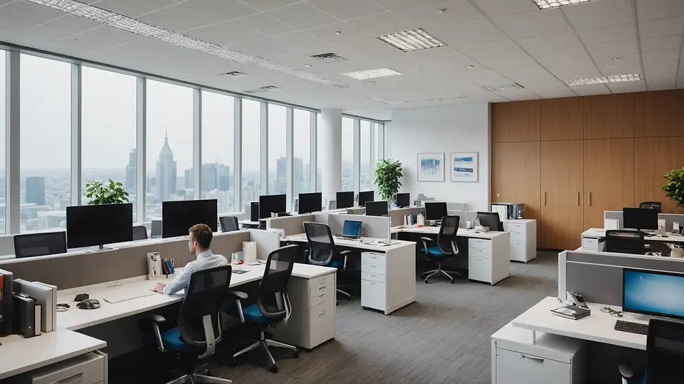 Eye-level view of a busy corporate office environment