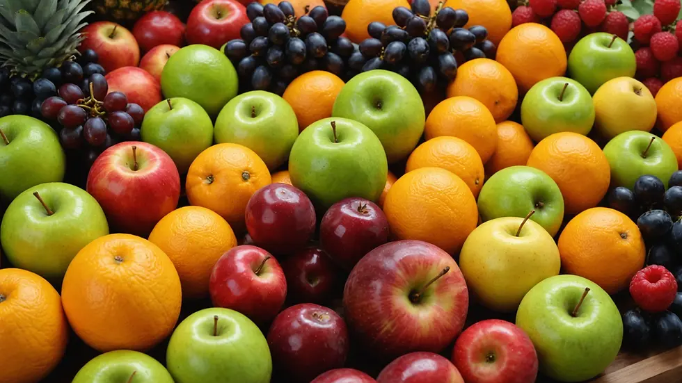 Close-up view of fresh, organic fruits on display