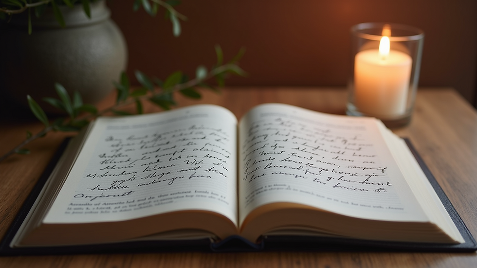 Eye-level view of an open journal with handwritten spiritual reflections and a lit candle nearby