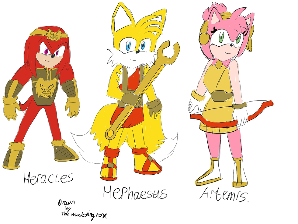 Knuckles, Tails and Amy in a Greek setting