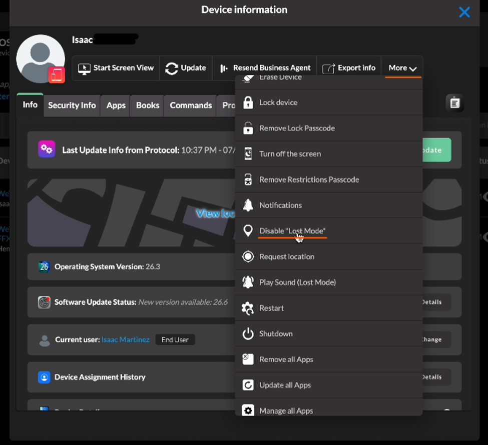 Screenshot: Disable Lost Mode in Mosyle.