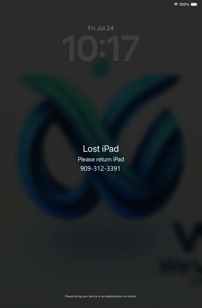 Screenshot: Lost device lock screen with recovery instructions.