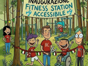 Disegno a colori che rappresenta la nuova fitness station installata nella pinetina. nel disegno compaiono i bambini con la maglia di RunChallenge che tagliano felici il nastro.