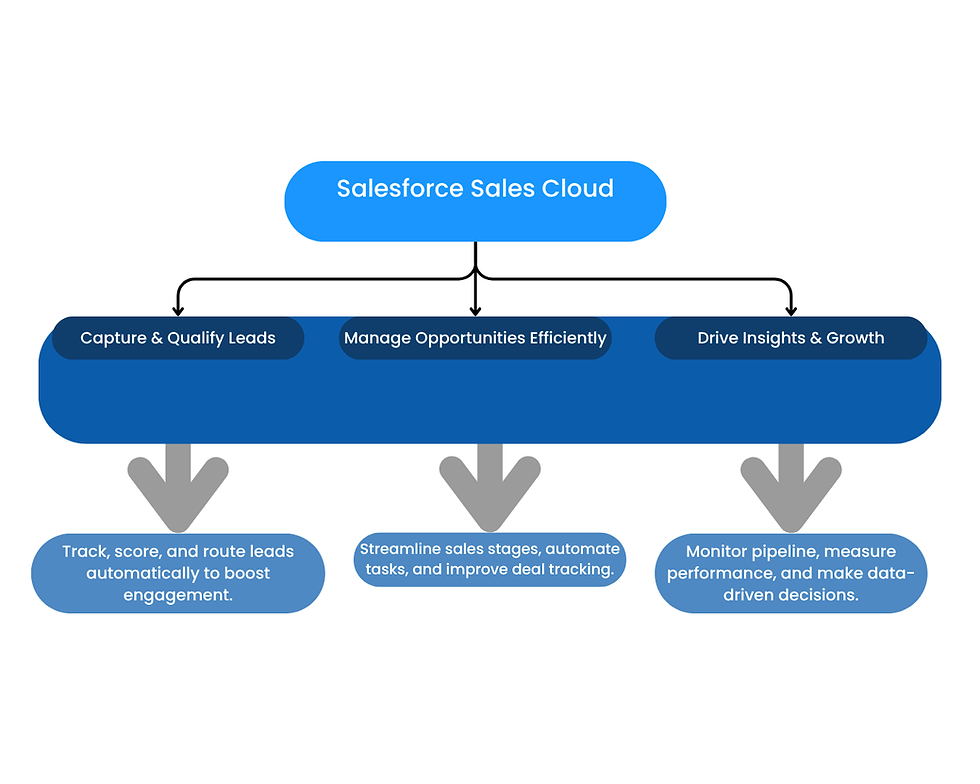 Salesforce Sales Cloud visual showing lead capture, opportunity management, and insight-driven growth with automated lead scoring, streamlined sales stages, and data-driven decisions.