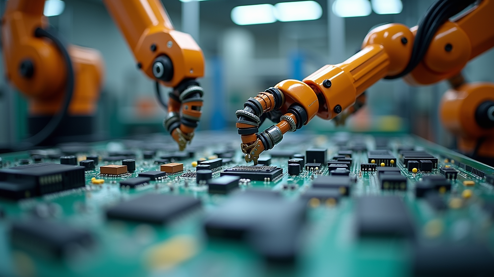 Close-up view of automated robotic arms assembling electronic components