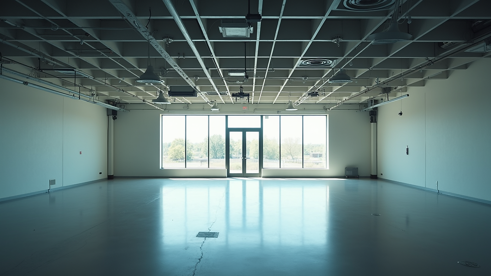 Wide angle view of commercial building interior with destratification fans in ceiling