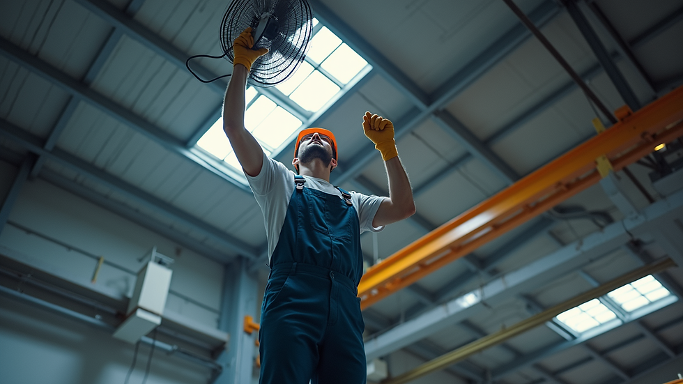High angle view of a technician installing a destratification fan on a warehouse ceiling
