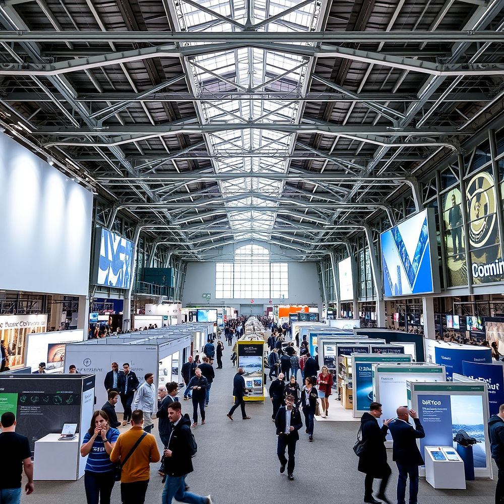 Busy exhibition hall with visitors and display booths