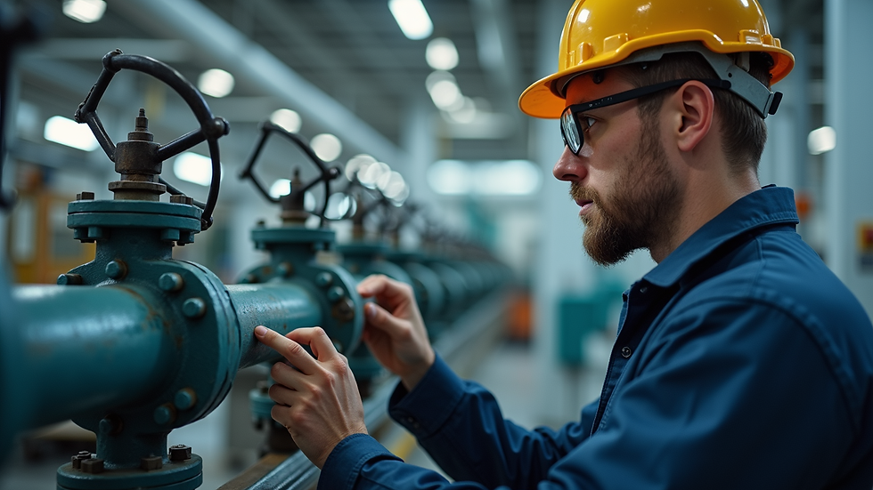 Close-up view of a mechanical contractor inspecting piping and valves in an industrial setting