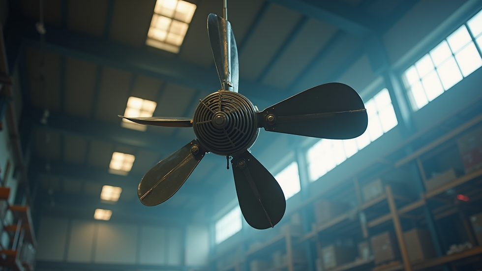 Eye-level view of destratification fan mounted on warehouse ceiling