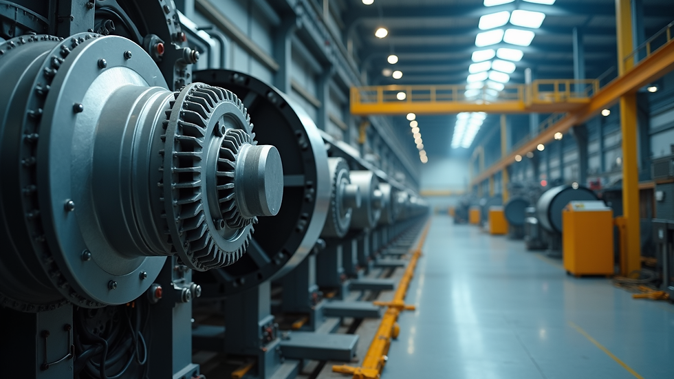 Wide angle view of a large industrial mechanical system being installed inside a factory