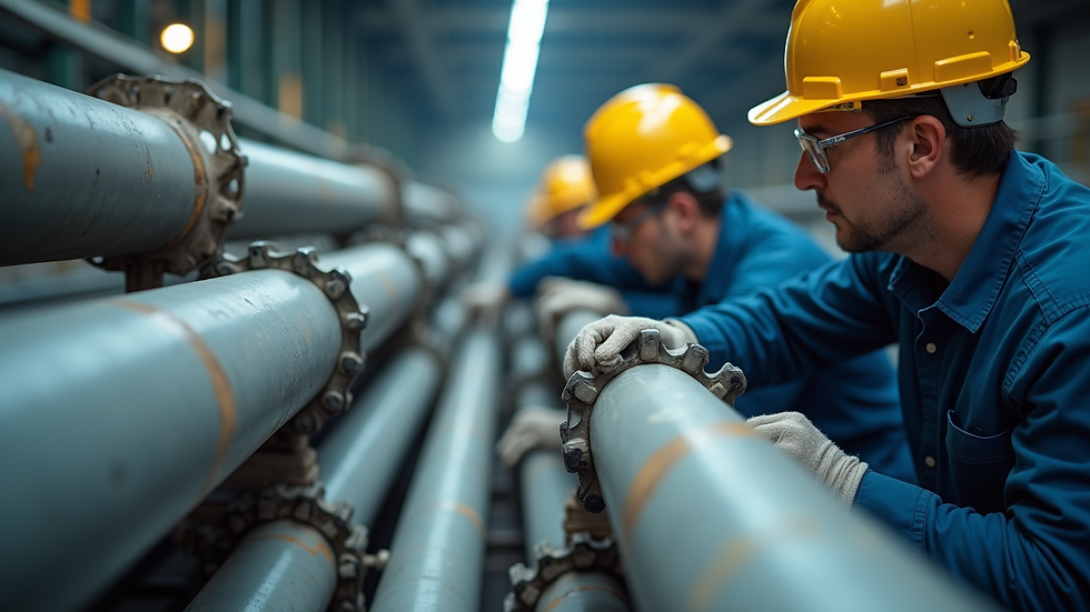 Close-up view of construction workers installing mechanical piping in industrial facility