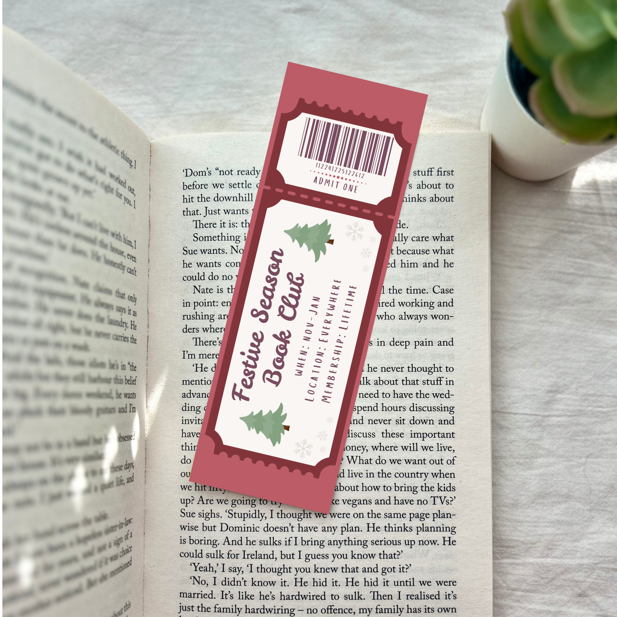 Red Festive Season Book Club ticket Bookmark | Gloss, 51 x 152 mm size, Dual-sid