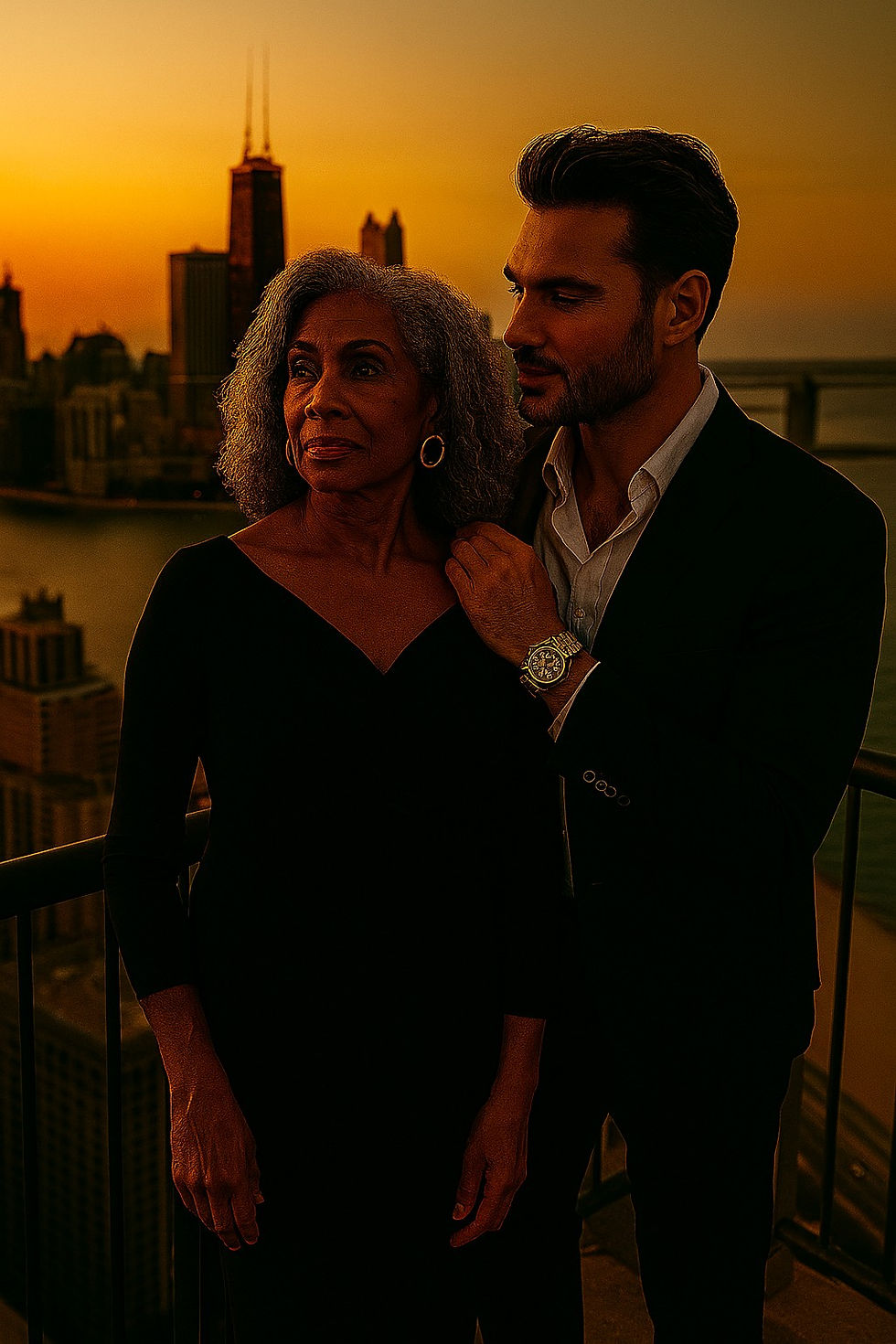 an attractive, younger Italian man—his arm draped tenderly around an elegant Black woman with silver hair. They’re on a Chicago balcony at sunset, creating a moment that’s both visually stunning and rich with emotional nuance.