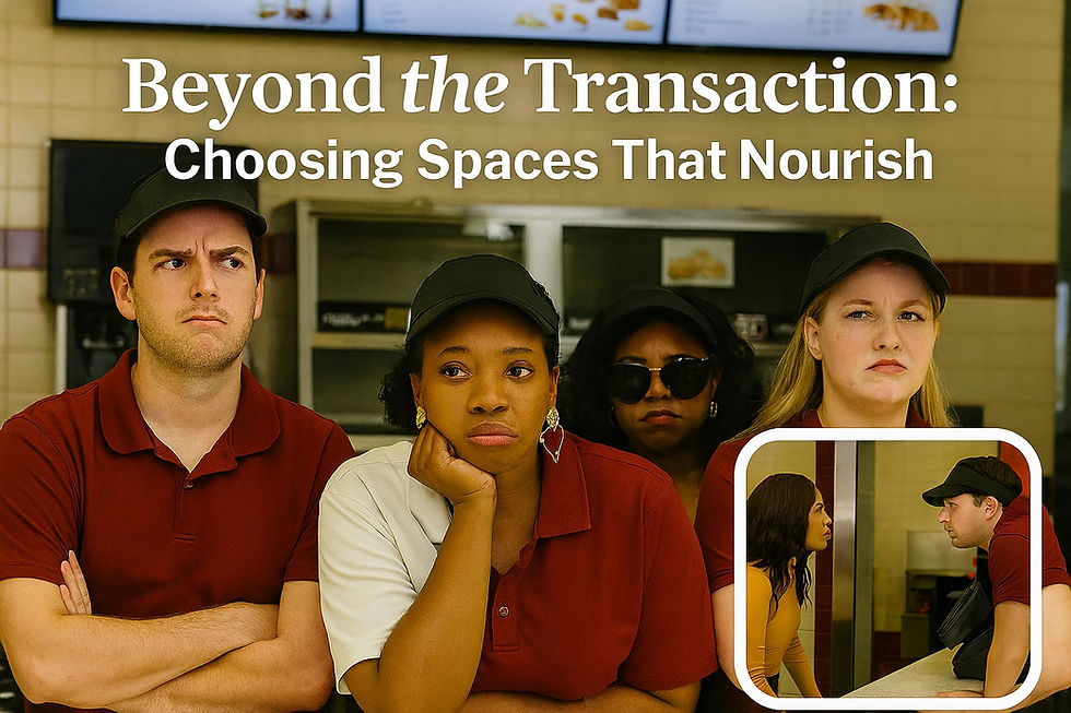 three visibly frustrated fast food employees behind the counter