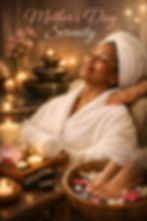 An African American woman relaxes in a luxurious spa setting on Mother’s Day, wearing a white robe and towel wrap. She smiles peacefully with her eyes closed as her feet soak in a wooden bowl filled with water and flower petals. Nearby, candles, black stones, and a tray of spa essentials create a serene ambiance. Soft lighting and a blurred fountain in the background enhance the tranquil atmosphere. The text “Mother’s Day Serenity” appears at the top.
